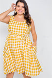 Plus Size Scoop Neck Side Pockets Checkered Gingham Midi Dres