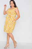 Plus Size Scoop Neck Side Pockets Checkered Gingham Midi Dres