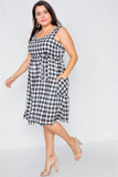 Plus Size Scoop Neck Side Pockets Checkered Gingham Midi Dres