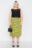 Plus Size Neon Yellow Pleated Animal Print Chic Midi Skirt