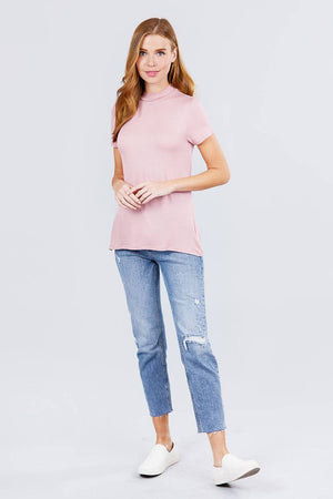 Short Sleeve Mock Neck Rayon Spandex Rib Top