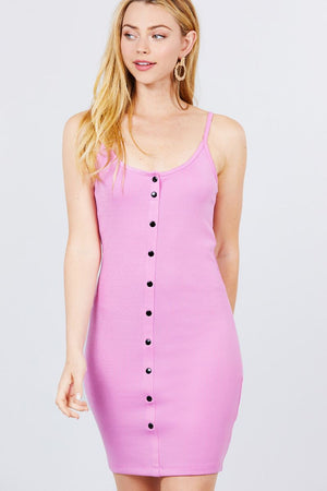 Front Snap Button Detail Strap Rib Cami Mini Dress