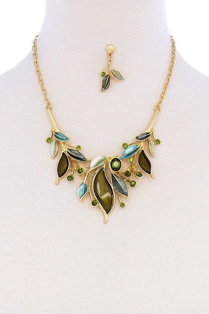 Stylish Multi Rhinestone Leaf Necklace And Earring Set