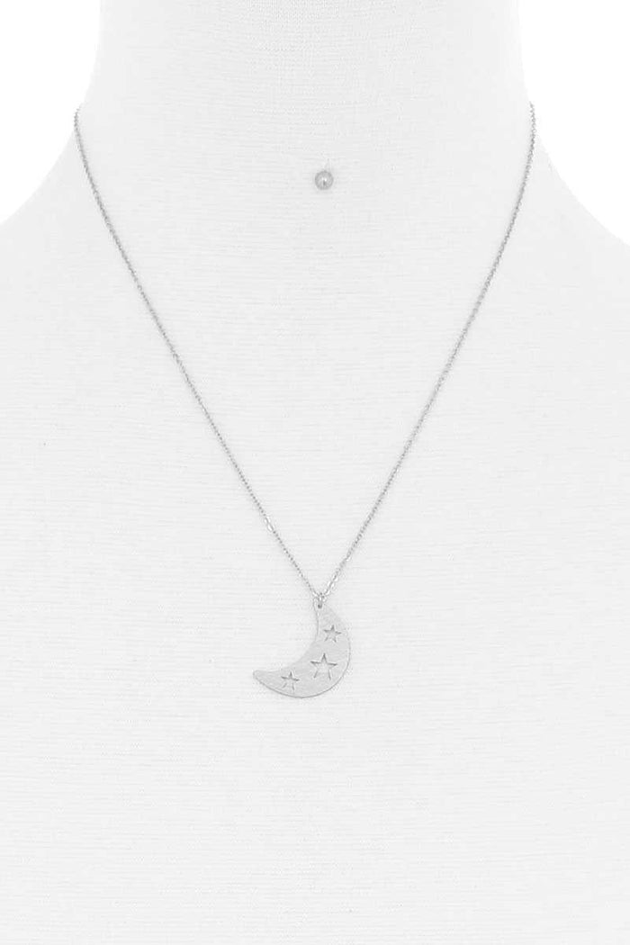 Crescent Moon And Star Pendant Necklace And Earring Set