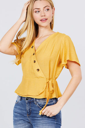 Short Sleeve V-neck Surplice Button Down Detail Ribbon Tie Back Shirring Woven Top