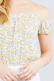 Short Sleeve Off The Shoulder W/shirring Detailed Printed Woven Crop Top