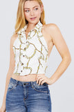 Sleeveless Halter Neck W/collar Button Down Open Back Tie Closer Printed Woven Top