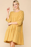 3/4 Sleeve Pocket Ruffle Pintuck Swing Dress