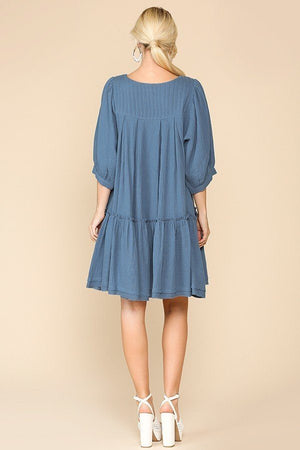 3/4 Sleeve Pocket Ruffle Pintuck Swing Dress