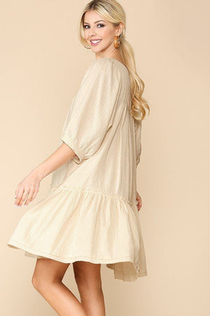 3/4 Sleeve Pocket Ruffle Pintuck Swing Dress