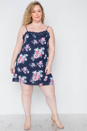 Plus Size Navy Floral Crochet Boho Mini Cami Dress