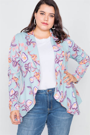 Plus Size Floral Print Blue Round Flounce Hem Blazer