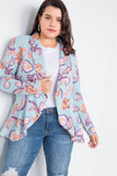 Plus Size Floral Print Blue Round Flounce Hem Blazer