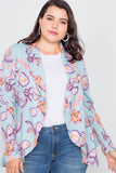 Plus Size Floral Print Blue Round Flounce Hem Blazer