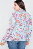 Plus Size Floral Print Blue Round Flounce Hem Blazer