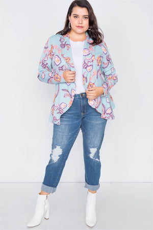 Plus Size Floral Print Blue Round Flounce Hem Blazer