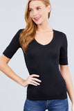 Elbow Sleeve V Neck Top