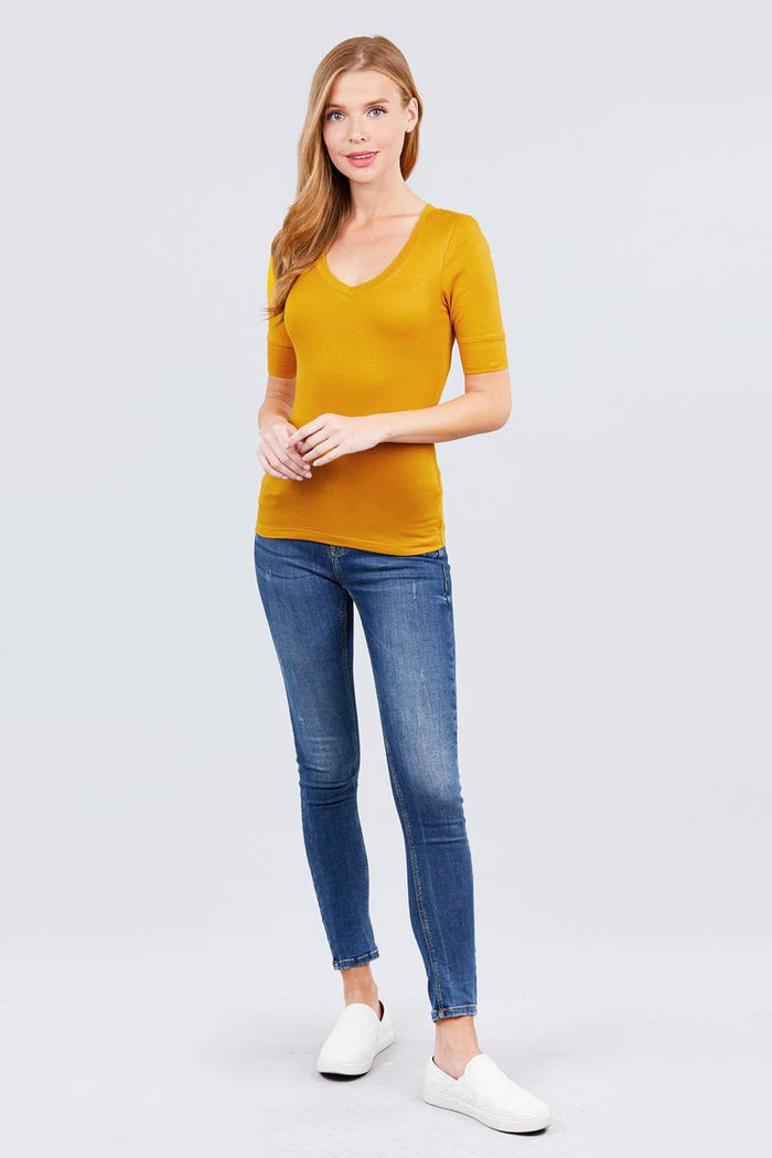 Elbow Sleeve V Neck Top