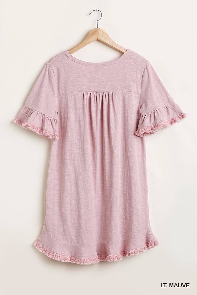 Short Ruffle Frayed Hem And Round Neck Dress With Pockets