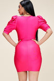 Solid Short Puff Sleeve Dress With Plunged V Neck Line