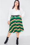 Plus Size Green Multi Stripe Pleated Midi Skirt