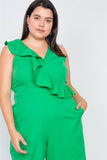 Plus Size Green Flounce Surplus V-neck Wide Leg Jumpsuit