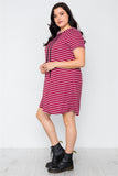 Plus Size Burgundy Stripe Short Sleeve Hooded Shirt Mini Dress