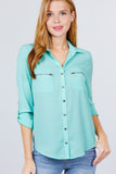 3/4 Roll Up Sleeve Pocket W/zipper Detail Woven Blouse