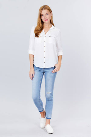 3/4 Roll Up Sleeve Pocket W/zipper Detail Woven Blouse