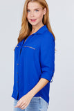 3/4 Roll Up Sleeve Pocket W/zipper Detail Woven Blouse