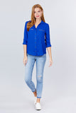 3/4 Roll Up Sleeve Pocket W/zipper Detail Woven Blouse