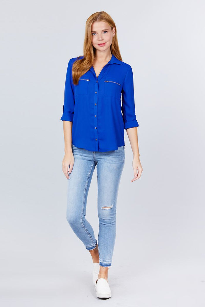 3/4 Roll Up Sleeve Pocket W/zipper Detail Woven Blouse