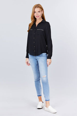 3/4 Roll Up Sleeve Pocket W/zipper Detail Woven Blouse