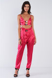 Fuchsia Pink Satin Buckle Hardware Crop Top High Waisted Tapered Pant Set