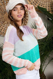 Round Neck Stripe Print Long Sleeve Color Block Sweater