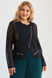 Plus Size Black Mesh Stripped Chiffon Long Sleeve Jacket