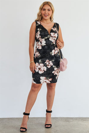 Plus Size Silver Pink Floral Print Bodycon Lace Up Back Midi Dress