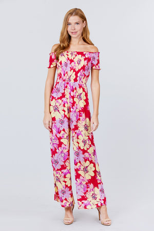 Short Sleeve Off The Shoulder Smocked Detail With Floral Print Long Wide Leg Jumpsuit.