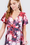 Short Sleeve V-neck Button Down Belted Print Woven Maxi Dress