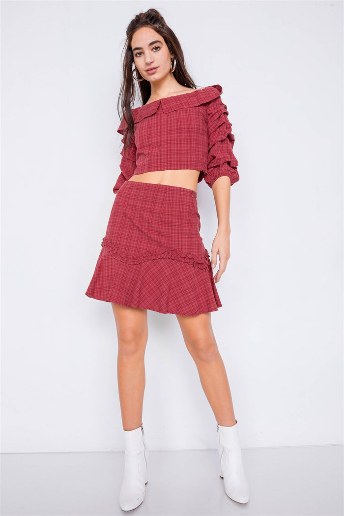 Raspberry Plaid Off-the Shoulder Retro Chic Crop Top & Mini Ruffle Skirt Set