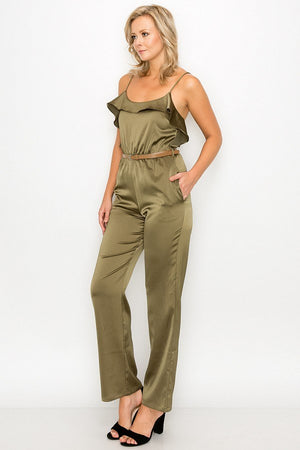 Ruffle Trim Belted Jumpsuit