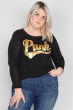 Plus Size "punk" Graphic Print Long Sleeves Sheer Back Hi-lo Top