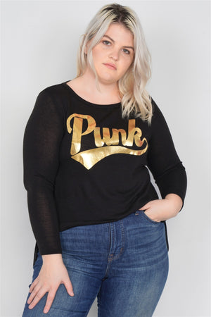 Plus Size "punk" Graphic Print Long Sleeves Sheer Back Hi-lo Top