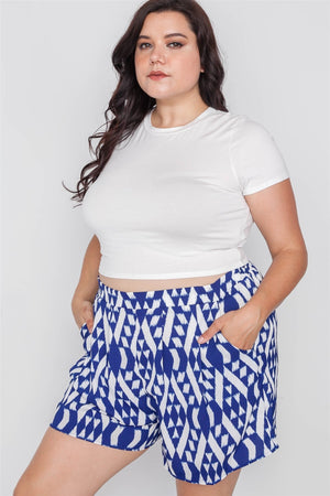 Plus Size Off White Blue Tribal Print High-waist Shorts