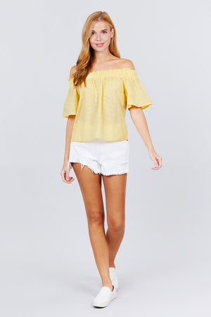 Short Sleeve Off The Shoulder Eyelet Woven Top