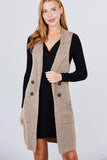 Sleeveless Notched Collar With Side Pocket Long Sweater Vest