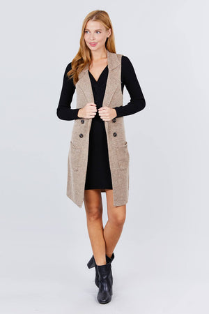 Sleeveless Notched Collar With Side Pocket Long Sweater Vest