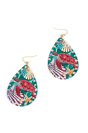 Designer Fashion Sea Turtle Print Tear Drop Earring