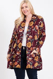 Plus Size Flower Print Pocket Flower Print Hacci Cardigan