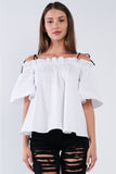 White Cotton Relaxed Fit Stretchy Ruffle Hem Off-the-shoulder Top With Black Self Tie Strings